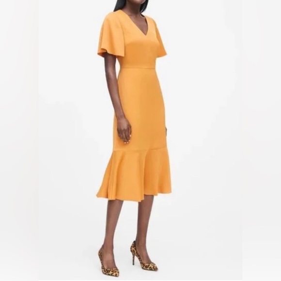 Banana Republic Midi Dress Satin Yellow Flutter Sleeve Flounce Hem 8 Petite - Picture 3 of 12